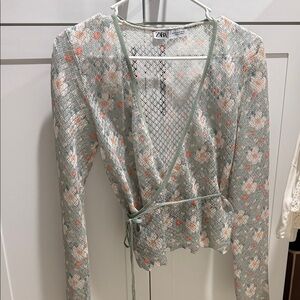 Zara Women's Floral Wrap Blouse - Green and Orange